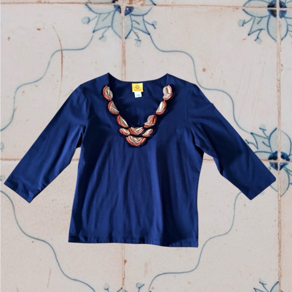 Ruby Rd. Navy Blue Top With Neutral Decorative Ne… - image 1